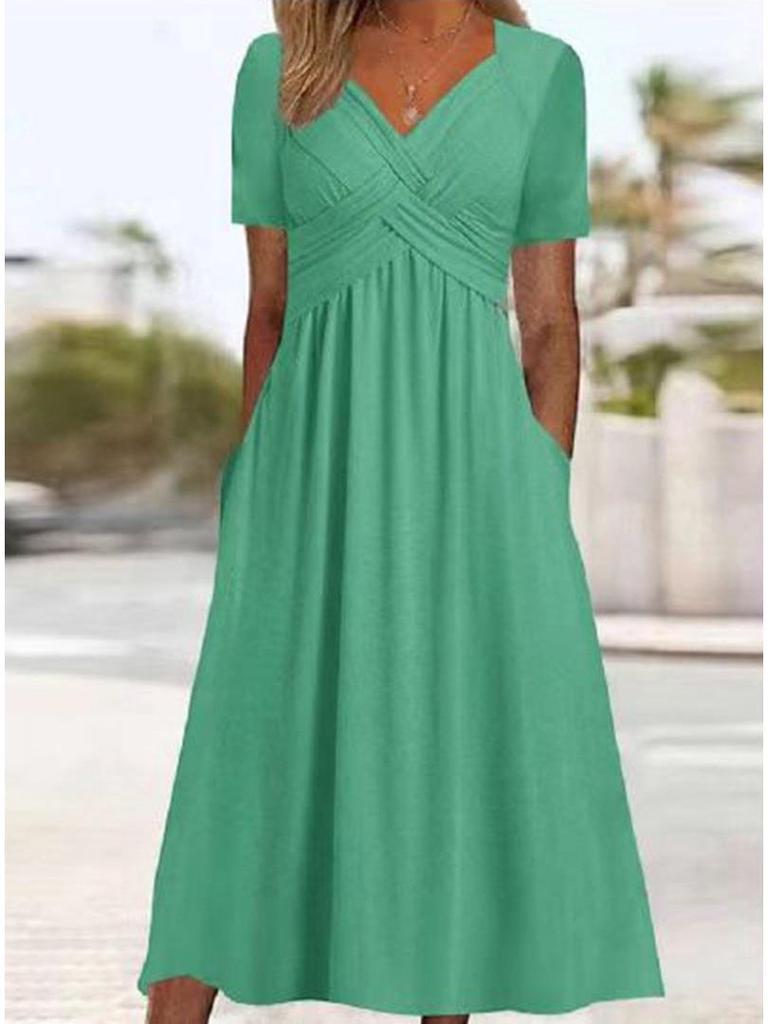 2026 Spring Solid Color V-Neck Short Sleeve Pocket Dress for Women