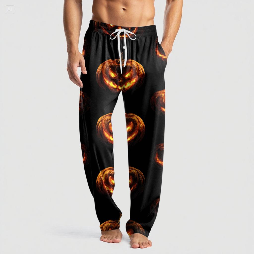 Men's Knitted Halloween Print Pocket Casual Pants Pajama Pants