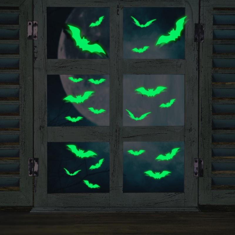 16pcsHalloween Glow-in-the-Dark Bat Wall Sticker3DBat Window Sticker Haunted House Shop Window Home Restaurant Party Decoration