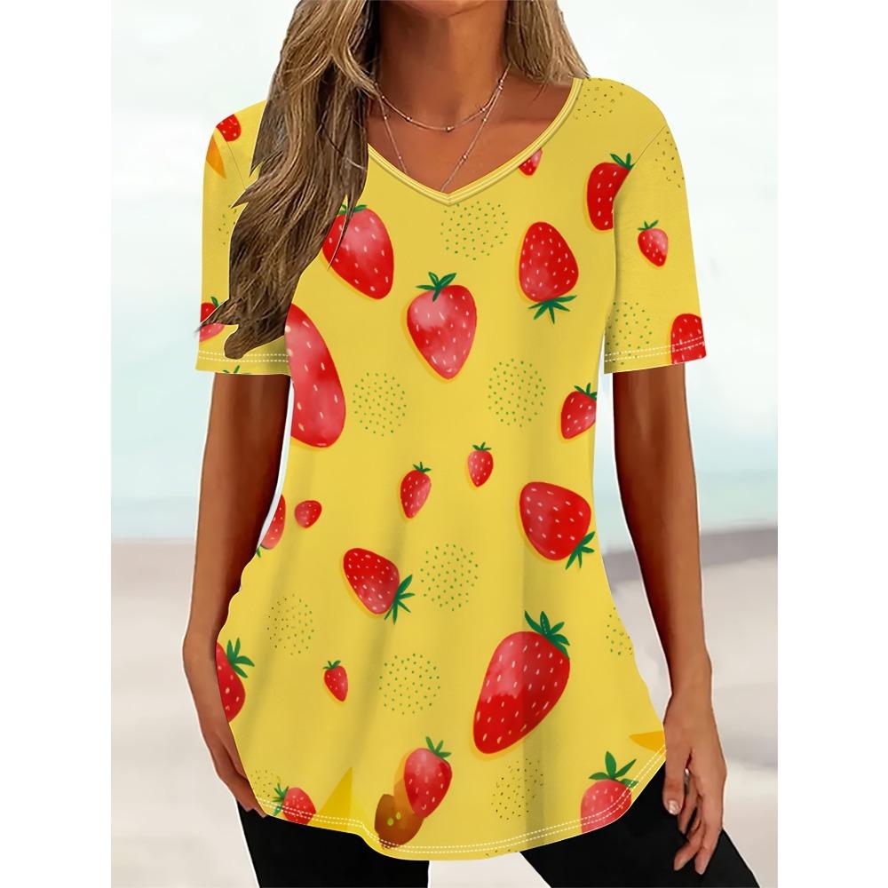Summer Women's Casual V-neck Short Sleeved T-shirt Strawberry Flowers 3D Printing Fashionable Comfortable Breathable Loose Sports Versatile T-shirt