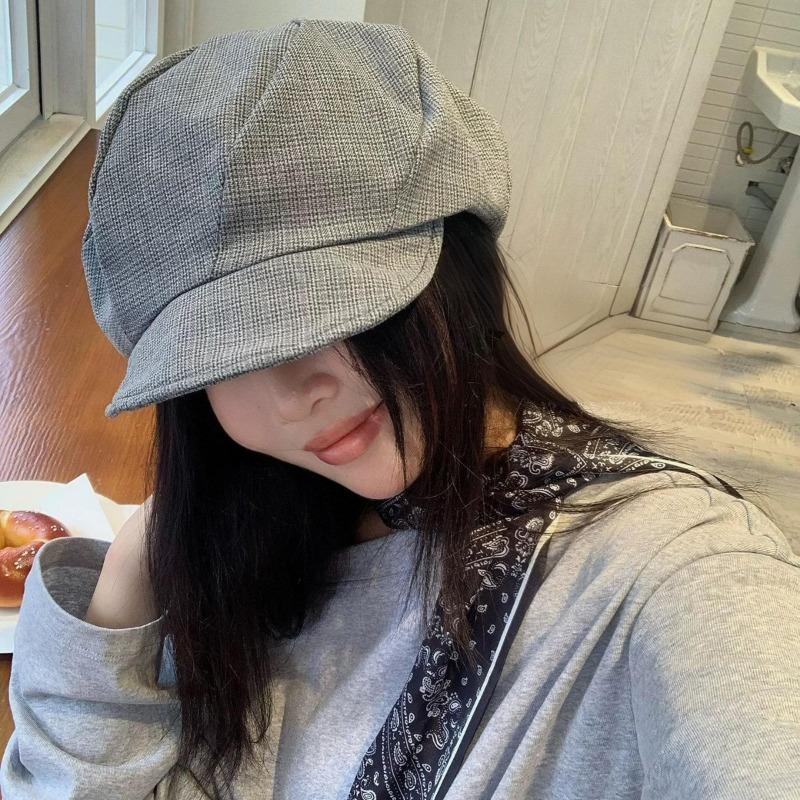 25 Early autumn new small plaid literary and retro octagonal hat women's pleated plaid large version newsboy hat