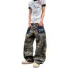 American retro patch pocket camouflage scimitar jeans men and women street ruffian handsome loose wide-leg casual overalls