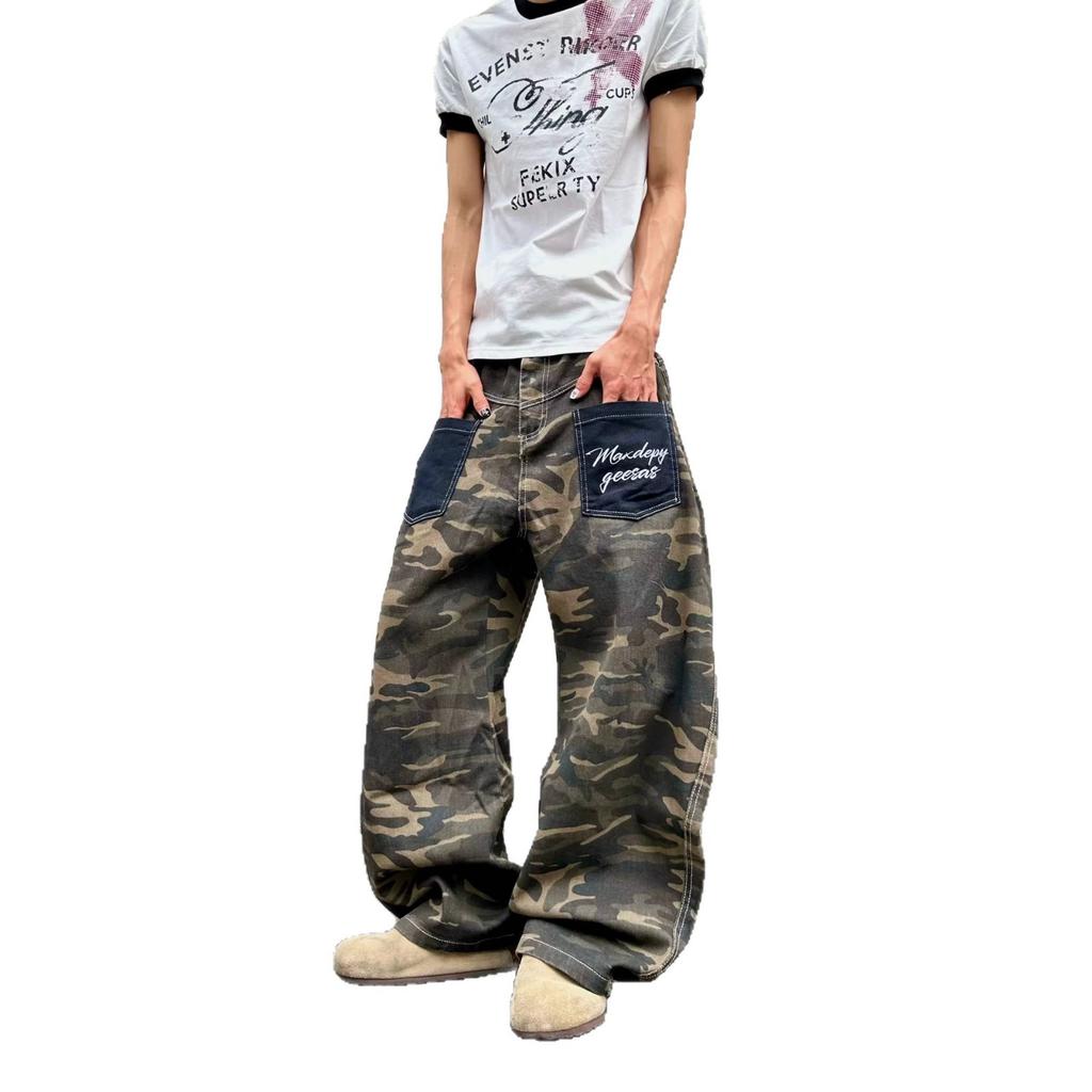 American retro patch pocket camouflage scimitar jeans men and women street ruffian handsome loose wide-leg casual overalls