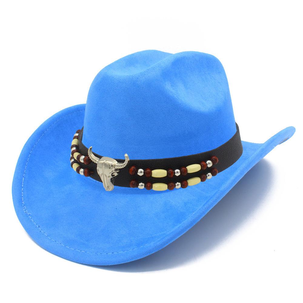 European and American Retro Ethnic Style Suede Top Hat Fashion Big Eaves Western Cowboy Hat Personalized Bull Head Tibetan Jazz Hat