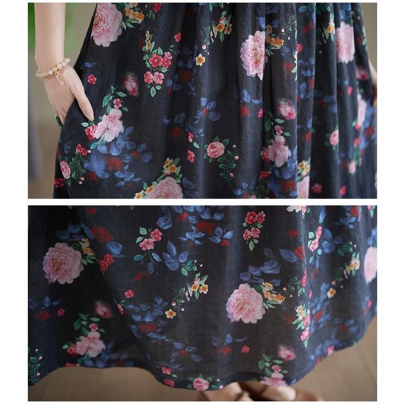 DIMANAF New 2026 Summer Beach Women Plus Size Cotton Vintage Lady Loose Oversize Long Dress Floral Print