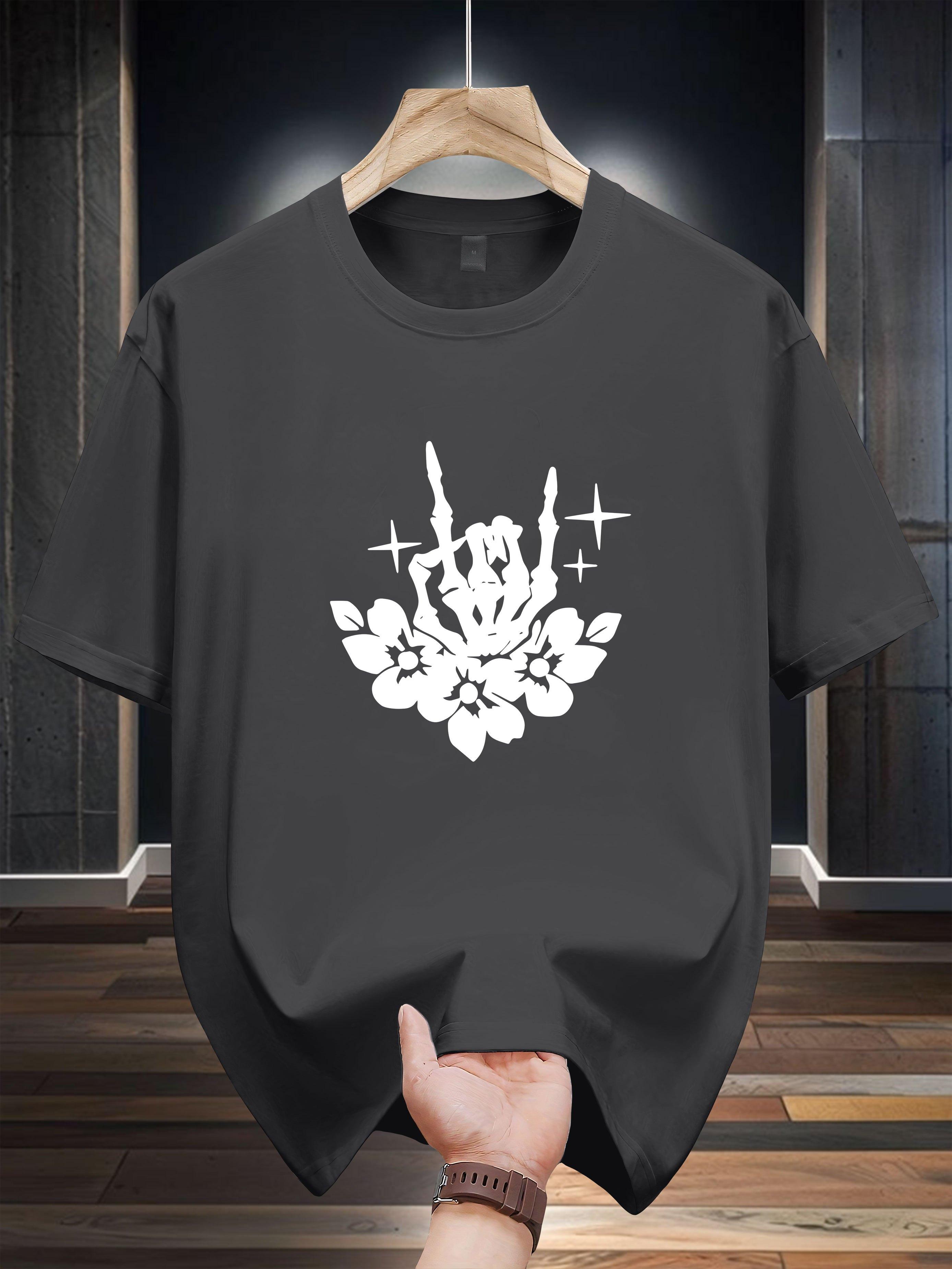 Casual Cotton T-shirt with Intricate White Floral Print - Soft S