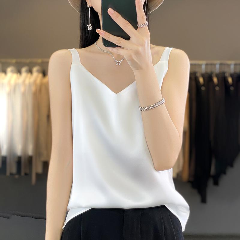 VEZFAA Women's Fashion Casual Solid Color Print Summer Spring Sleeveless V-Neck Blouses & Shirts