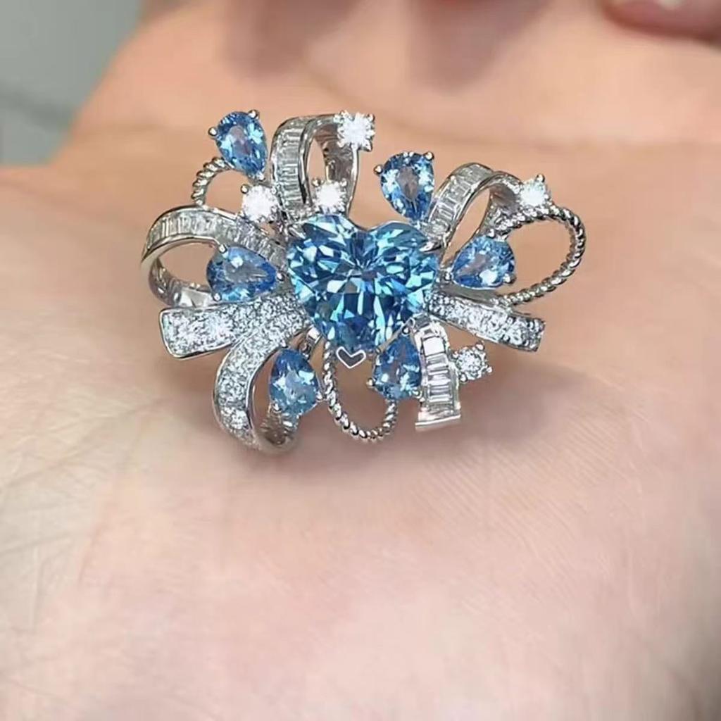 [Blue Butterfly Heart] Ins Blue Love Super Flash Ring Clear Index Finger Ring Versatile Design Ring
