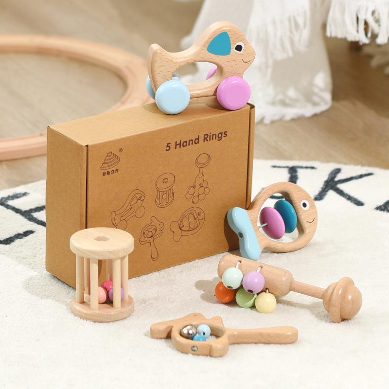 Colorful Wooden Baby Rattle Set: 5-Piece Musical Crib Mobile for Early Education and Soothing