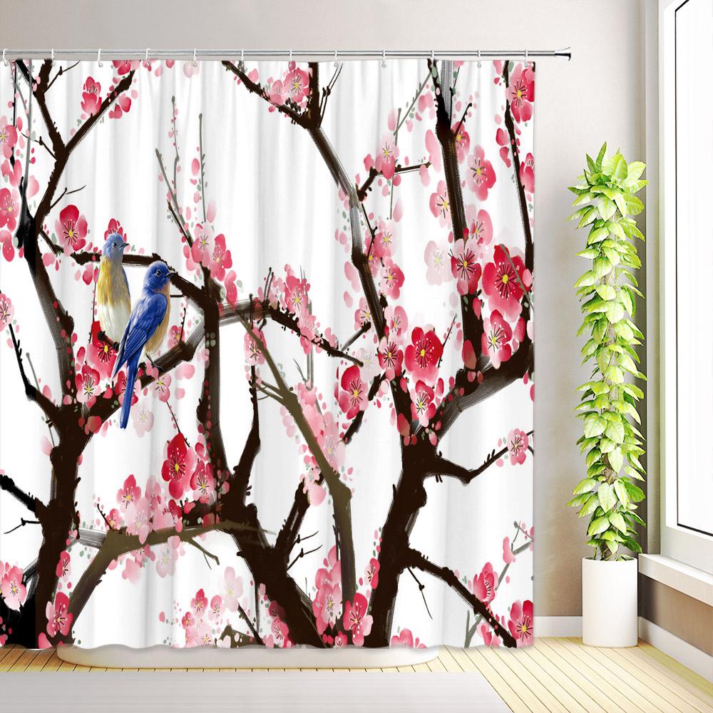 Cherry Blossom Sun Shower Curtain Watercolor Floral Plant Koi Fish Butterfly Peacock Nature Scenery Bathroom Decor with Hooks