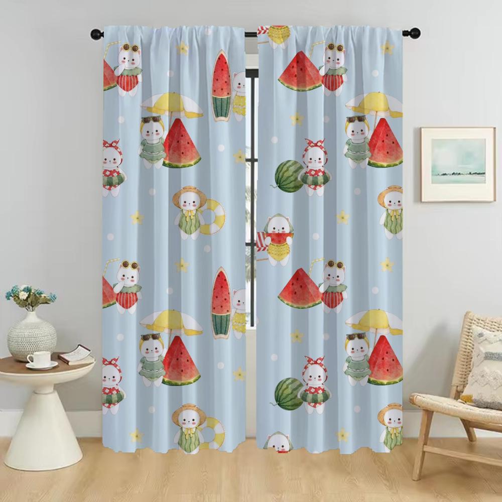 Watermelon Kitty Curtains for Living Room Curtain for Room 2 Panel Halloween Decoration Partition Home Interior Curtains Shades
