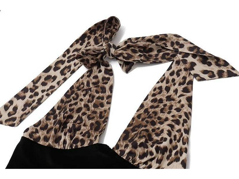 Velvet Leopard Patchwork Halter Mini Dress - Sexy, Slimming, Backless Design