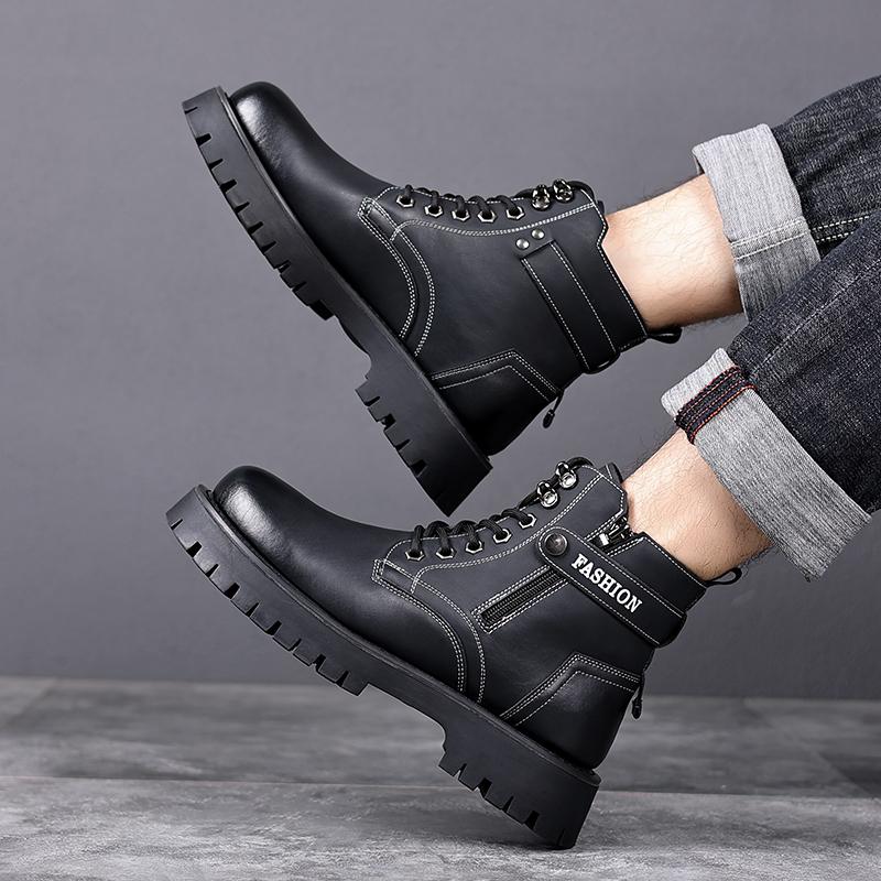 Brand Outdoor Thick Soled Genuine Leather Men's Boots Cotton-padded Shoes Fur Warm Working Men Boots Wool Outdoor Leather Boots