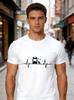 Men Dark Gray Crew Neck Tee White ECG Heartbeat Line RV Camping Chair Silhouette Outdoor Travel Camper Casual Tops