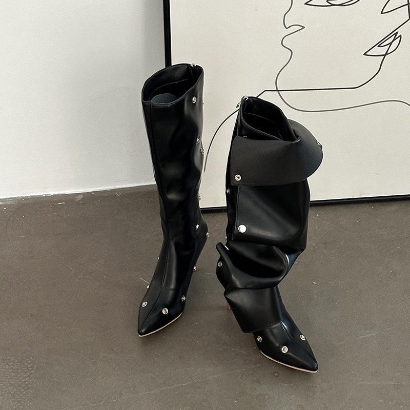 

European and American hot girls button two wear pointed pile boots 2025 new autumn and winter boots fashion boots stiletto boots 34 чёрный