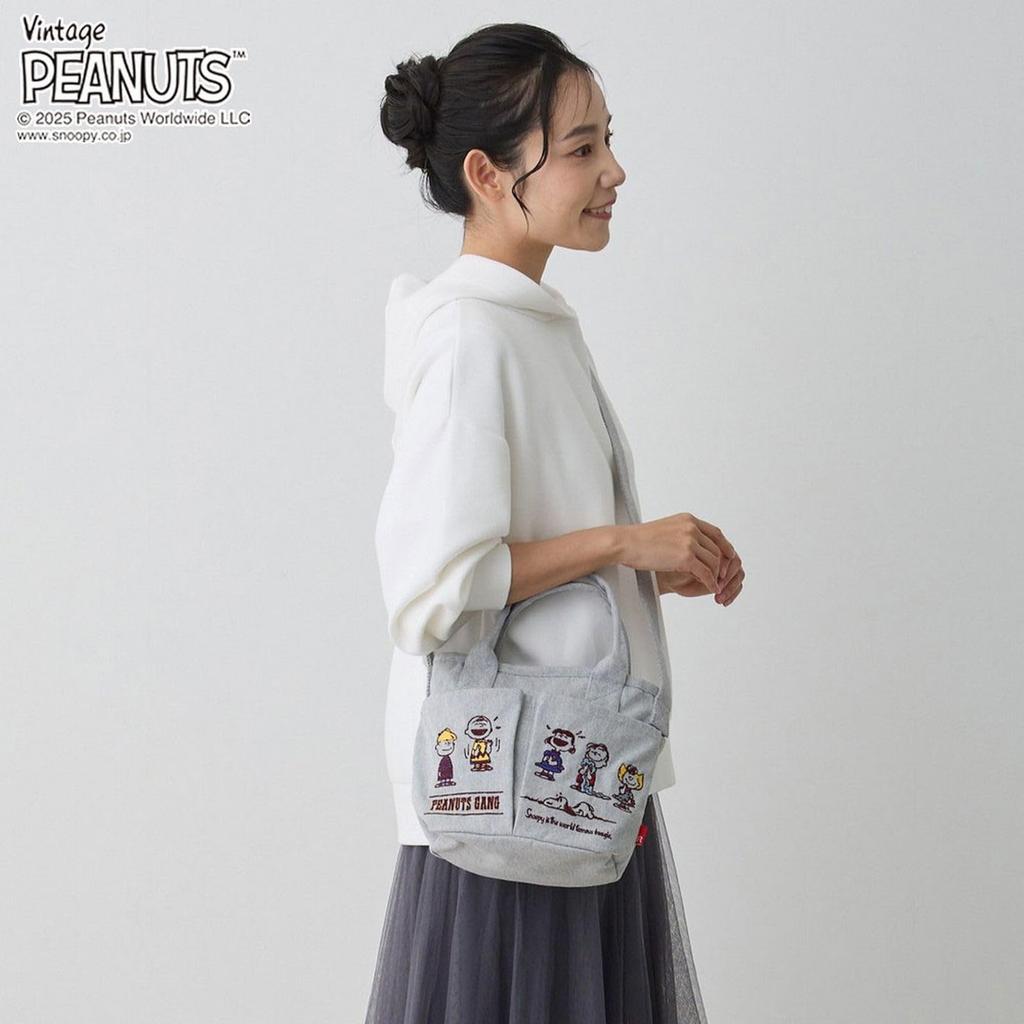 ROOTOTE Snoopy Embroidered Mini Tote Bag with Shoulder Baby 0C 8422 Light Strap, Lou, Pockets, Peanuts, (04 Gray)