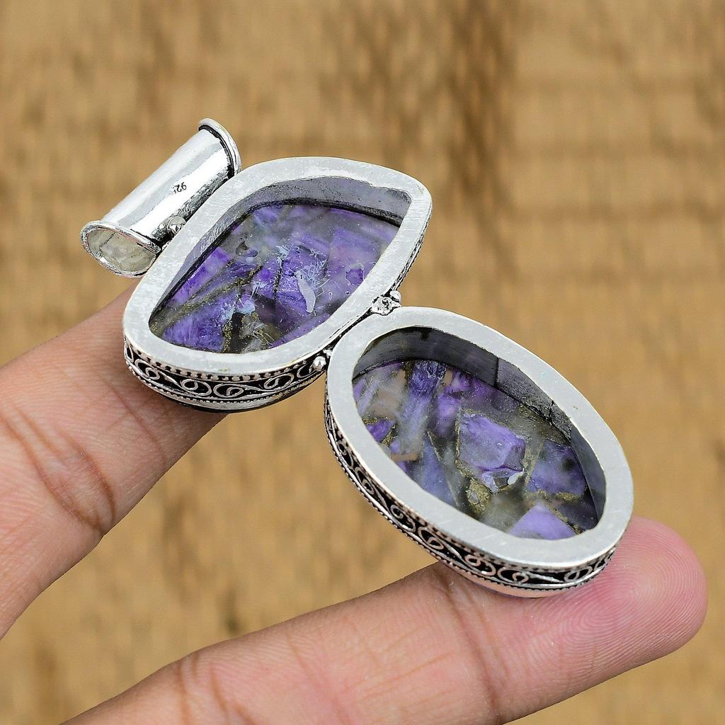 Easter Deal 925 Sterling Silver Copper Russian Charoite Gemstone Vintage Pendant
