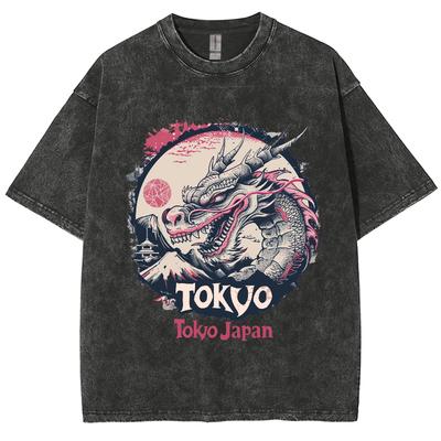 Japanese Cartoon Dragon Image Print Washed Denim Vintage Women T-Shirt Oversized Crew Neck Harajuku Style Top