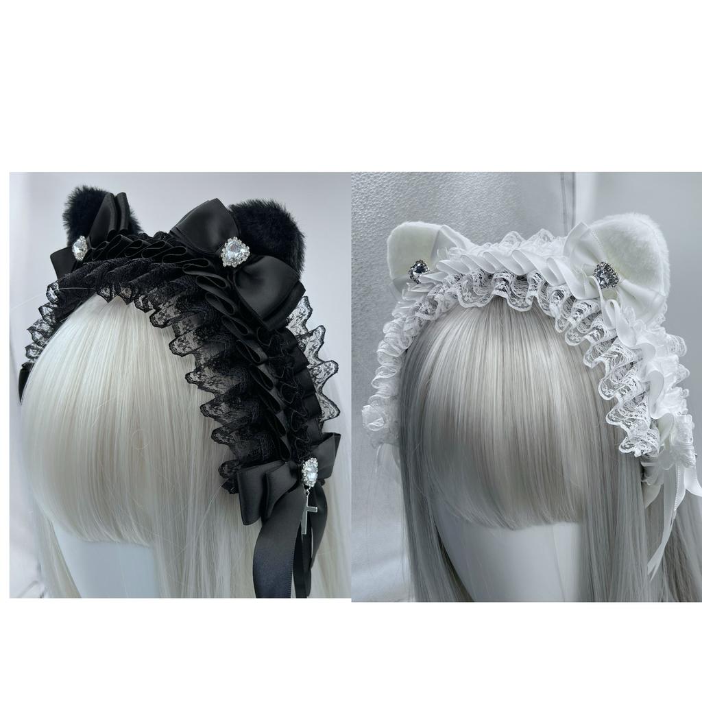 Lolita Headwear Cat Ear Love Rhinestone Headband Goth Punk Bow Headband Abi Cos Lace Hair Accessories