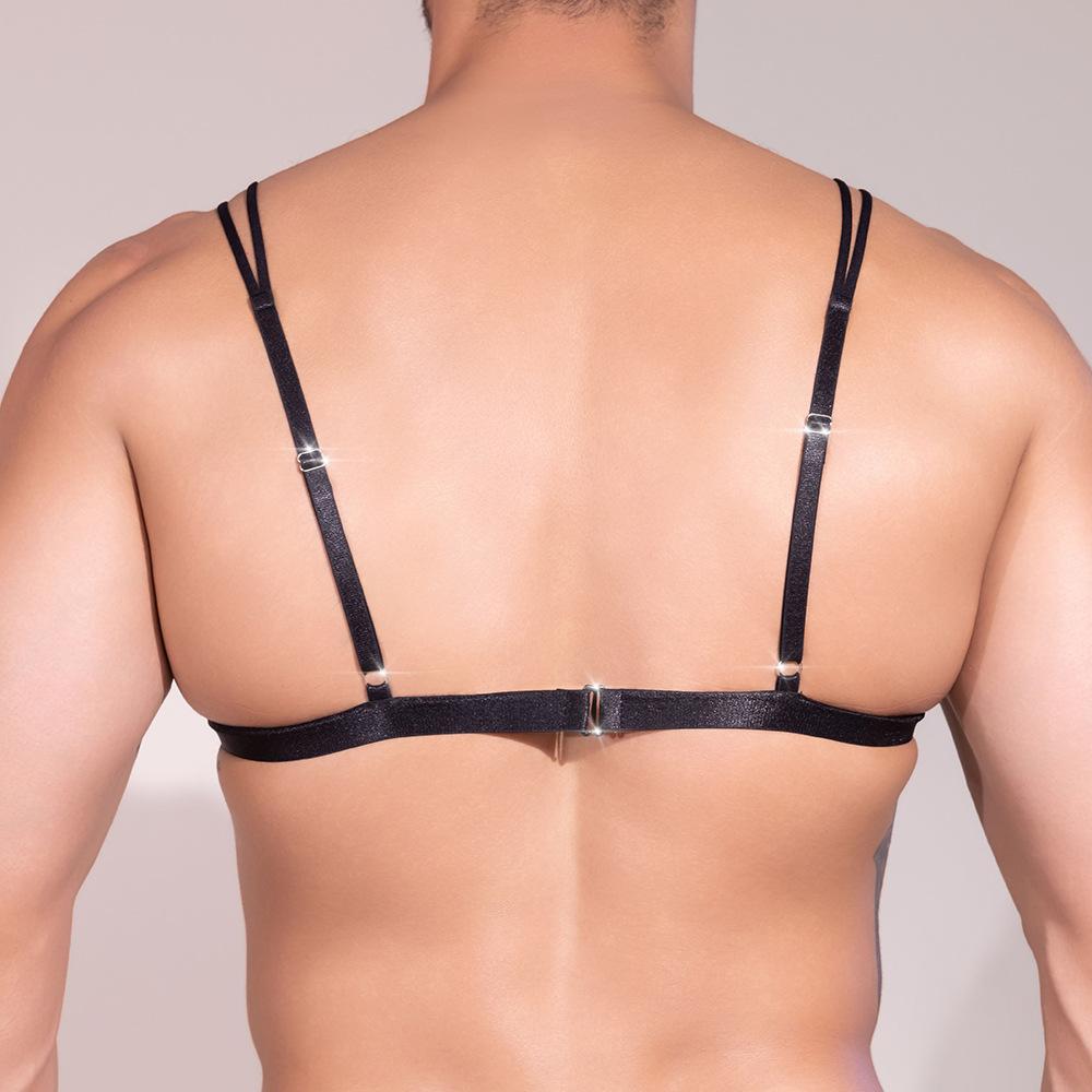 Mens Bra Briefs Set Elastic Shiny Glossy Underwear Low Rise Bulge Pouch Thong Adjustable Tops Hollow Out Exposed Butt Underpants
