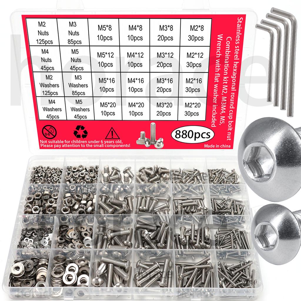 880pcs-stainless steel round cup hex bolt, nut, and washer set - M2-M5 sizes, includes hex wrench, suitable for DIY and repair.