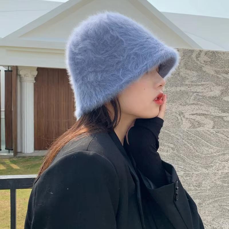 

М яка пухнаста панама з кролячого хутра для жінок Осінньо-зимова тепла плюшева капелюх-відро для рибалки Вулична складана жіноча вітрозахисна капелюх-відро синій