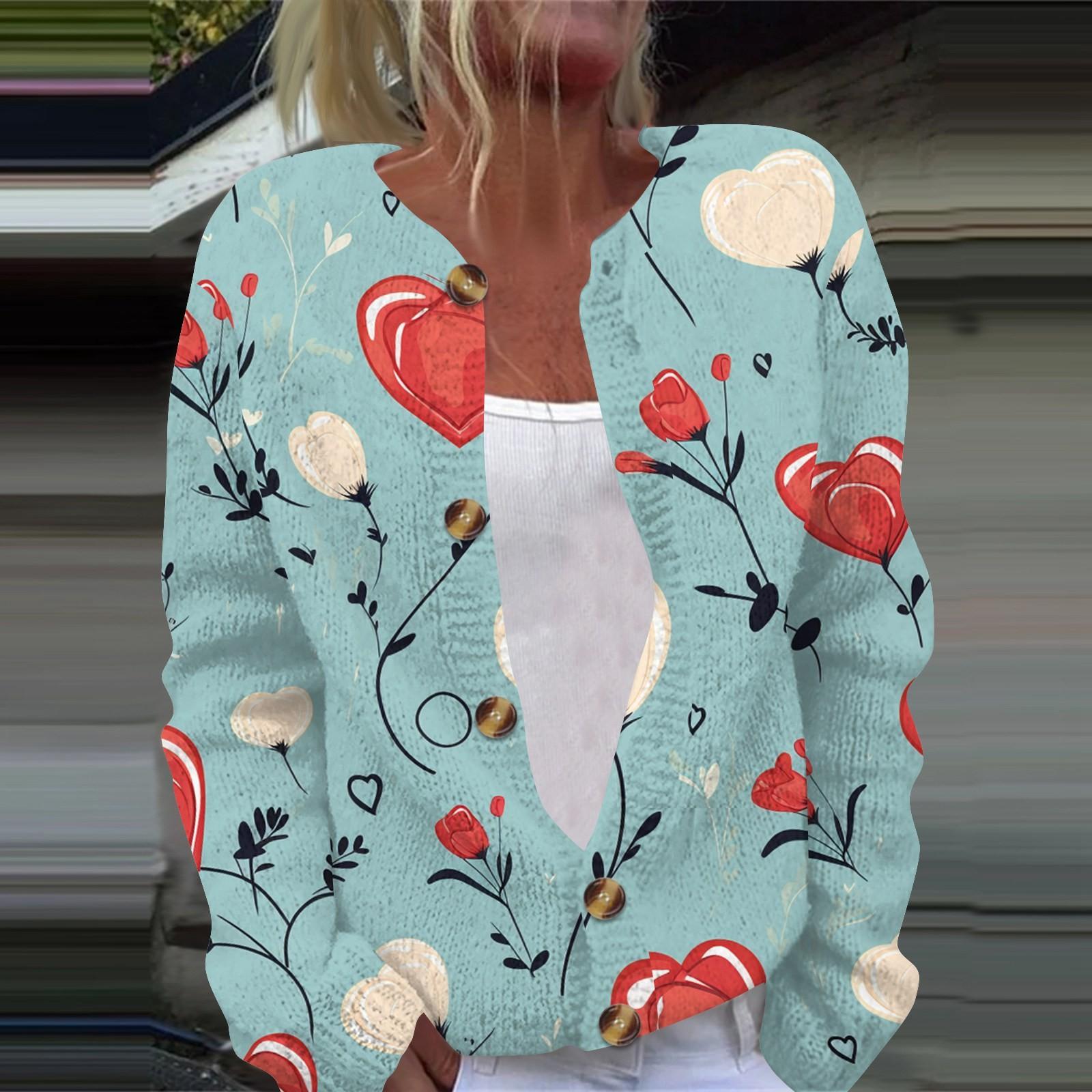 

Женская мода День святого Валентина Сердце Принт Длинный рукав Вязаный кардиган Куртка на пуговицах S