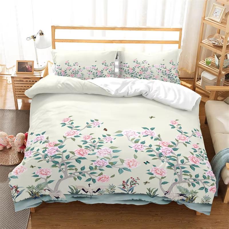 Comforter Floral Classic Chinese Style Farmhouse Garden Botanical Flower Bedding Set Polyester Flowers Leaves Comforter