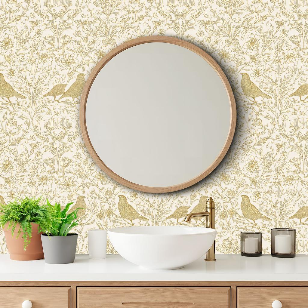 Vintage Blumen Vogel Gold Tapete 22,83"X118" Wasserdichte Tapete für Wohnzimmer/Schlafzimmer/Badezimmer PVC Wandaufkleber