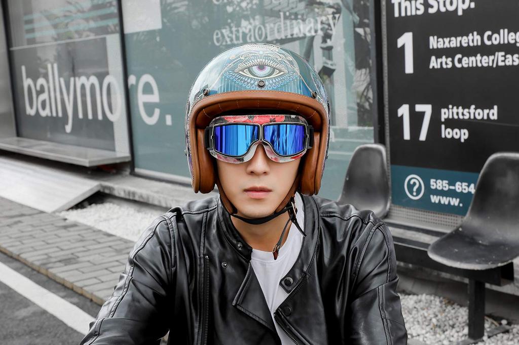 [IronKing] Retro Motorradbrille PC-Linse Mehrzweck Winddicht Sanddicht Antibeschlag UV-Schutz Outdoor Sportbrille T-13 (Blaues Glas)