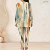 Women Plus Size Beige Blue Orange Printed Two Piece Set Half Zip Long Sleeve Longline Top Fitted Pants