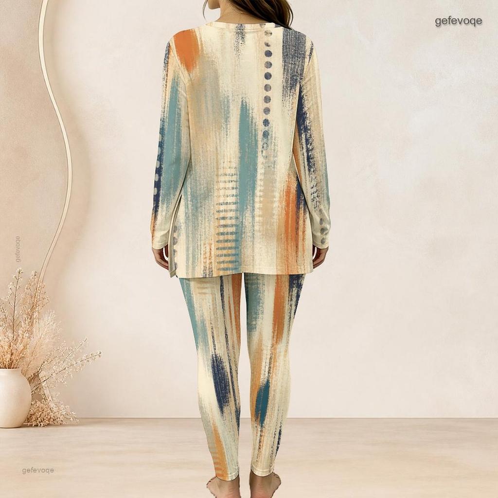 Women Plus Size Beige Blue Orange Printed Two Piece Set Half Zip Long Sleeve Longline Top Fitted Pants