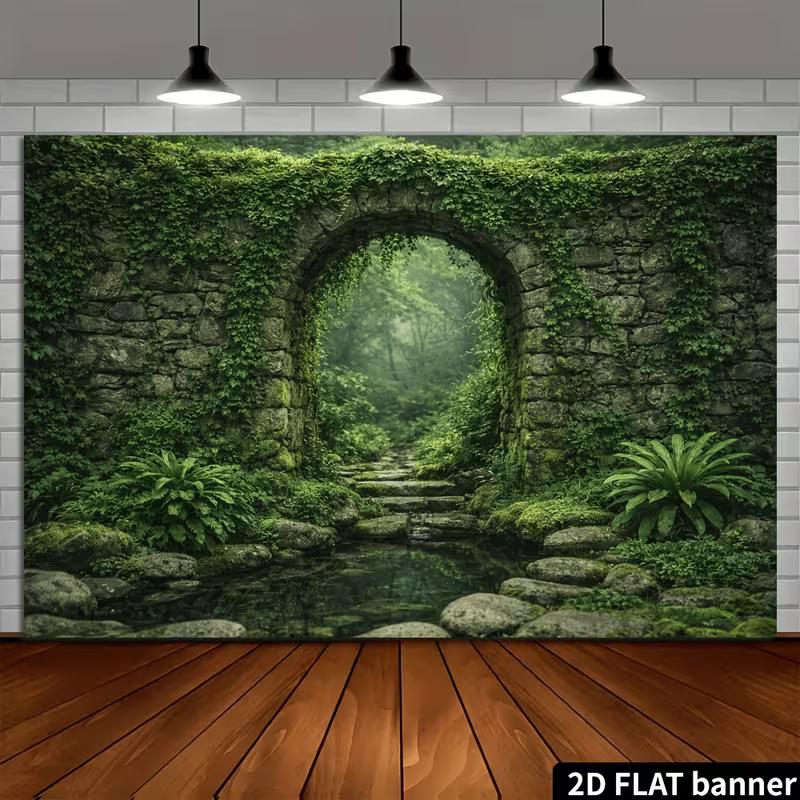 2D Ivy Stone Arch Enchanted Forest Wall Tapestry Background Cloth