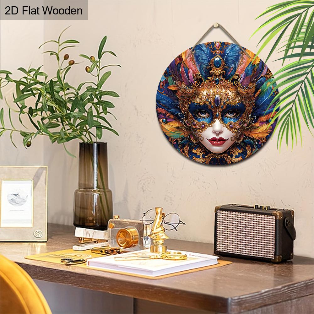 Carnival Mask Theme Round Wooden Sign, Home Wall Craft Decoration, Wooden Holiday Statue Decoration for Home, Office, Party Ideal for Mardi Gras Gifts