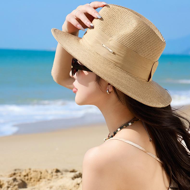 Straw Hat Women's Summer UV Protection Versatile Beach Top Hat Jazz Hat Trendy Breathable Sun Hat