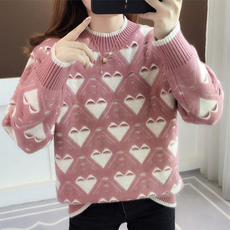 Half High Neck Sweater Loose and Slim Contrast Jacquard Knit Autumn and Winter New Bottoming Shirt Top Women All-match