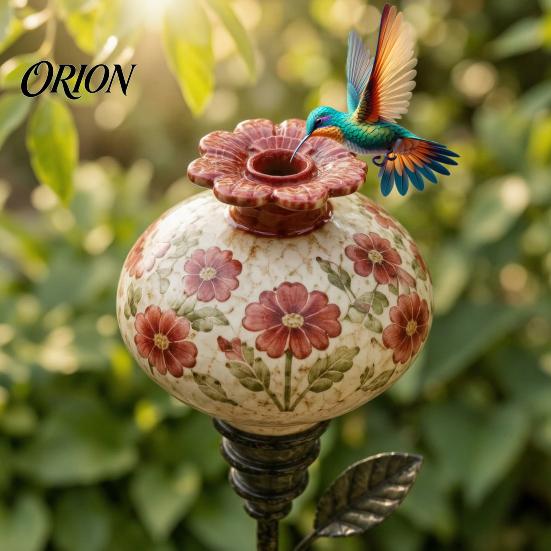 Floral Bird Nectar Feeder Hummingbird Garden Stake, Vintage Ceramic Feeder, Flower Feeding Port, Outdoor for Backyard Lawn Deck Decor Colorful Shaped