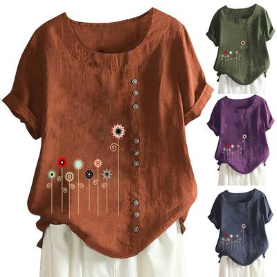 Women's Cotton Linen Round Neck Short Sleeve With Button Tops Printed T-shirt