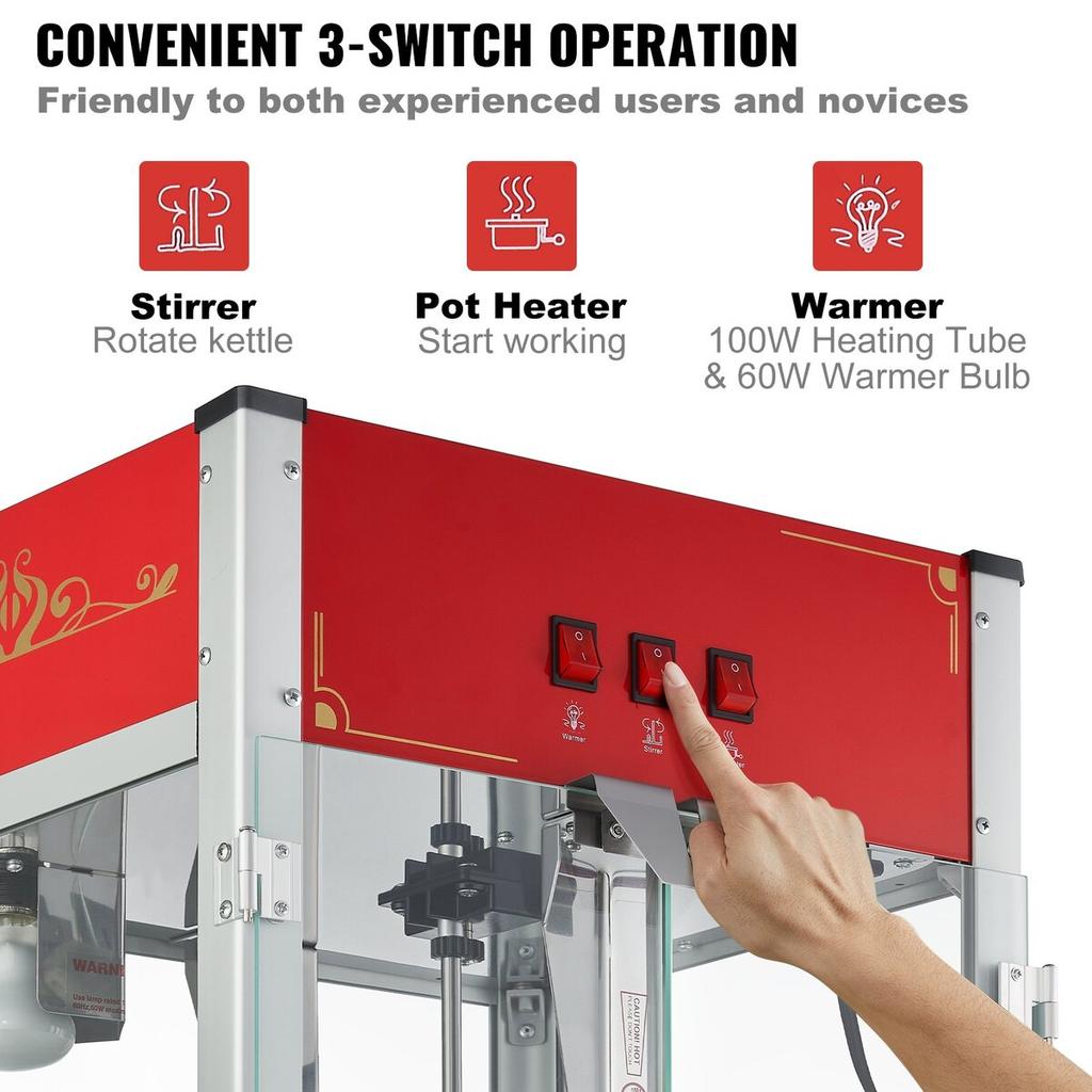 Popcorn Popper Machine Countertop Popcorn Maker 1440W 12 Oz 80 Cups Red