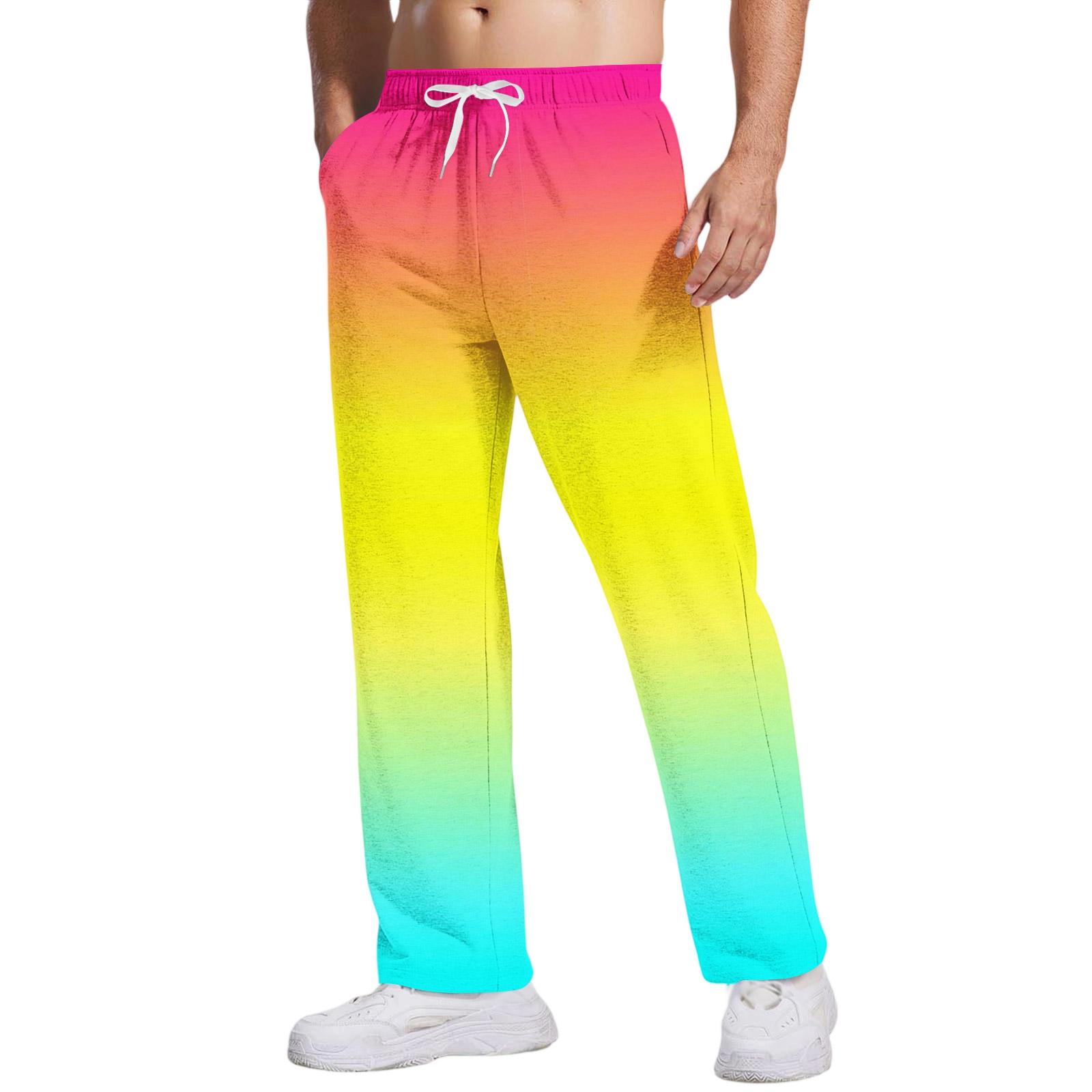 Men s Casual Pants with Pockets Tie-Dye Gradient Print Loose Fit Straight Leg Elastic Waist Drawstring Daily Wear XL