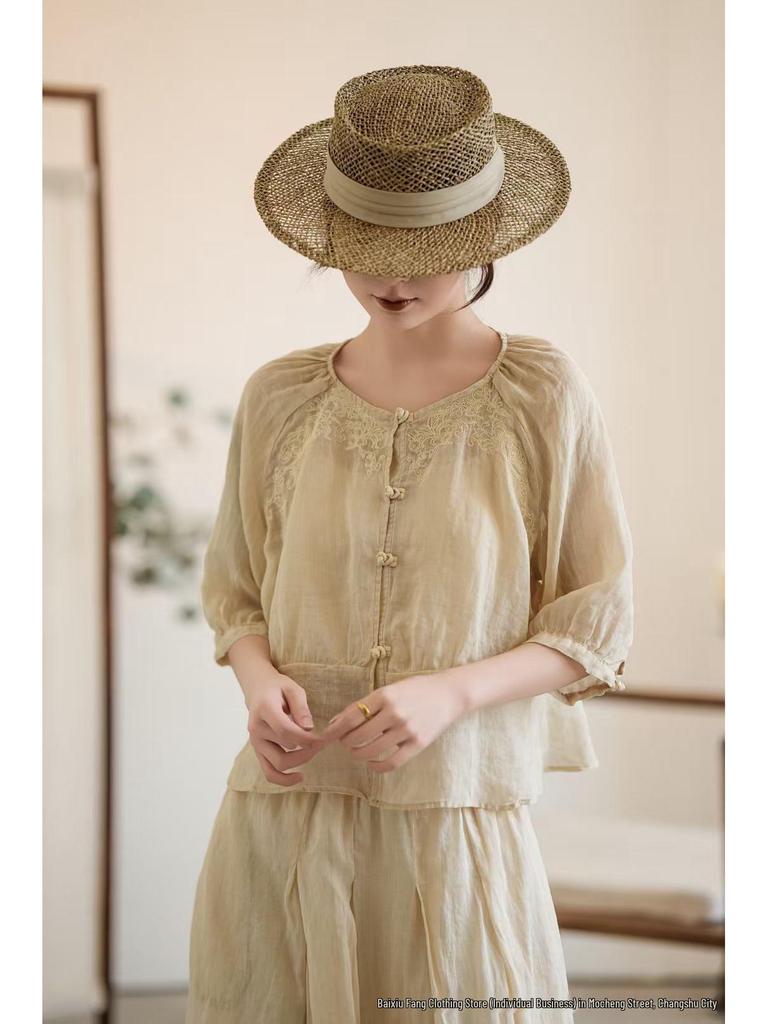 Women's Artistic Embroidered Linen Shirt - Summer 2026, Round Neck, Pleated, Loose Fit, 3/4 Sleeves, Chinese Style.