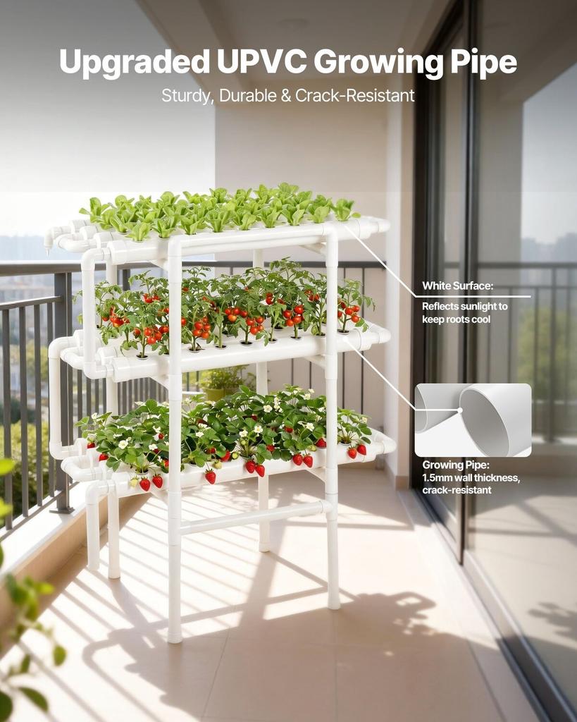 Hydroponik Anzuchtsystem Kit, 3-stufig 108 Löcher UPVC-Rohr Hydroponik Grow Kit mit zeitgesteuerter Bewässerung, Verdickte Hydroponikrohre, Indoor Hausgarten