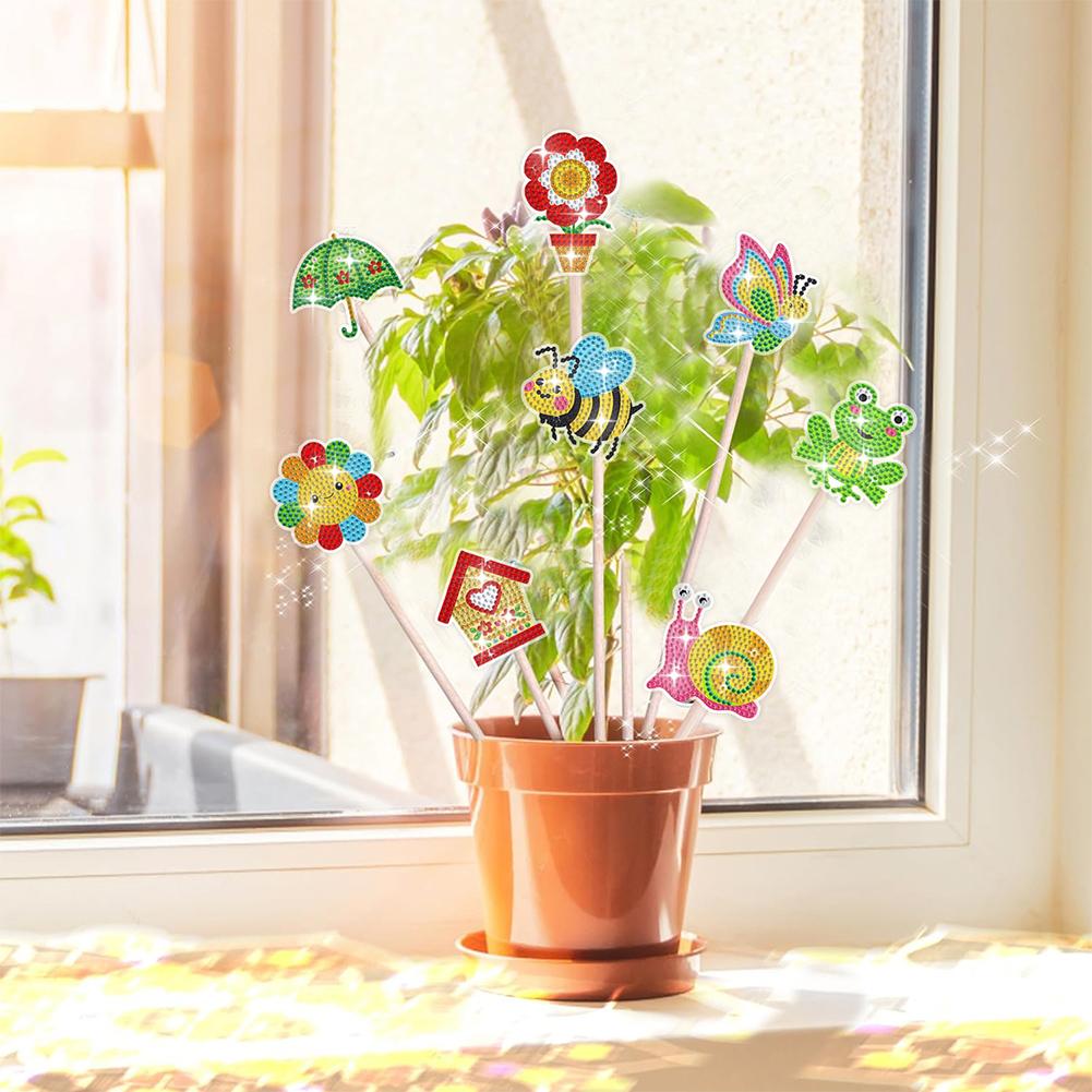 8/9 Peças Flor de Primavera Animal Fada DIY Pinturas de Arte com Diamantes Colar Estacas de Pintura de Diamante Enfeites para Decoração de Jardim