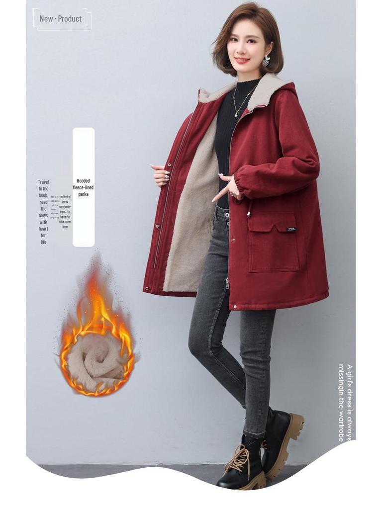 Women's 2024 Winter Fleece-Lined Parka: Mid-Length, Loose Fit, Plus Size, Thick Cotton Coat for Middle-Aged Moms