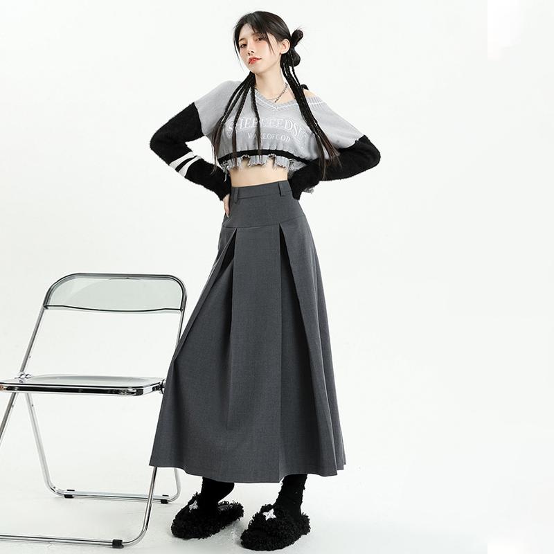 Vintage šedý oblek sukně do A Dámské jarní podzimní vysokoškolský styl s vysokým pasem skládaná střední délka sukně dámská