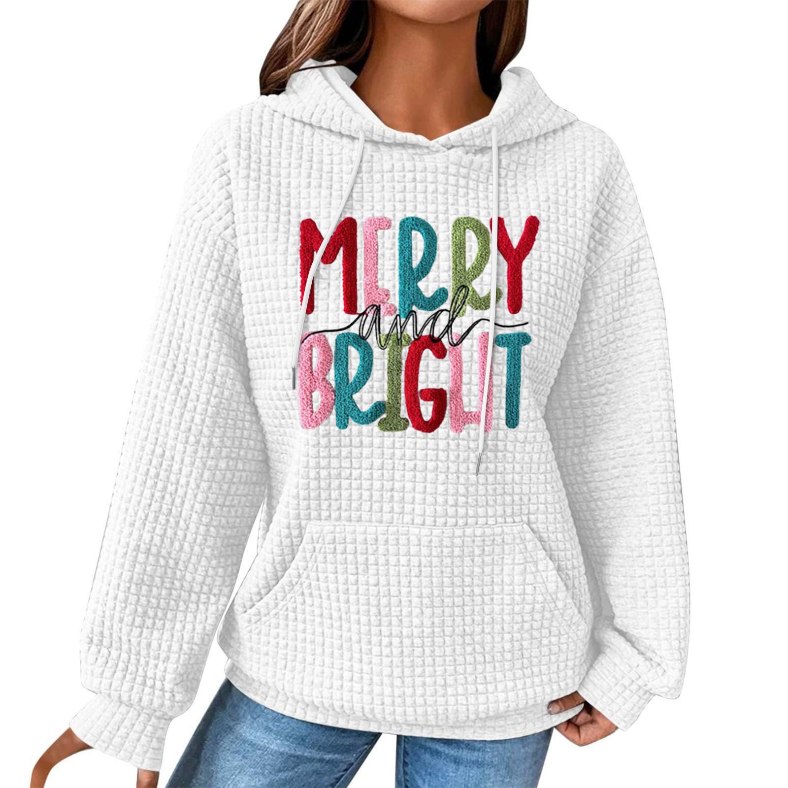 

Женский модный свободный пуловер с капюшоном, длинными рукавами, клетчатый свитшот с кулиской, со спущенным плечом, карманом, рождественским принтом XL белый