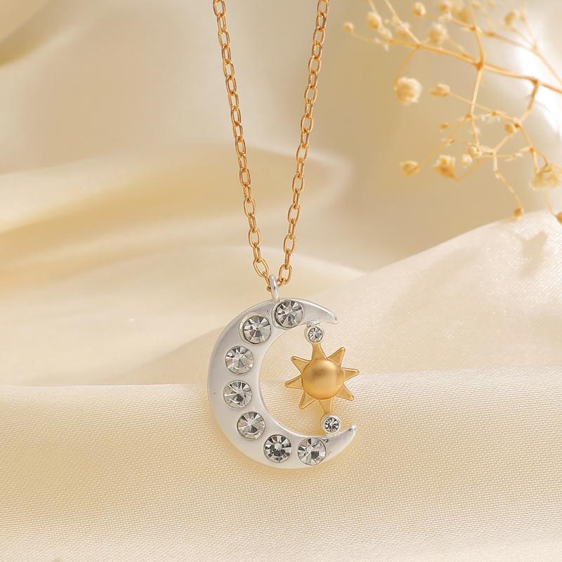 Collar Colgante Estrella Luna de Cobre Incrustado con Pedrería para Mujer Cadena Clavícula Sol Luna Metálico Brillante Joyería Y2K Regalo