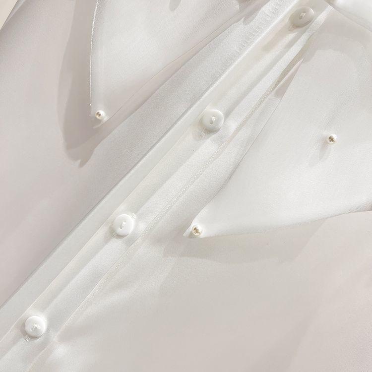 2024 Koreanischer Stil Rüschen Perlenbesetztes Revers Langarm Chiffon Top für Damen