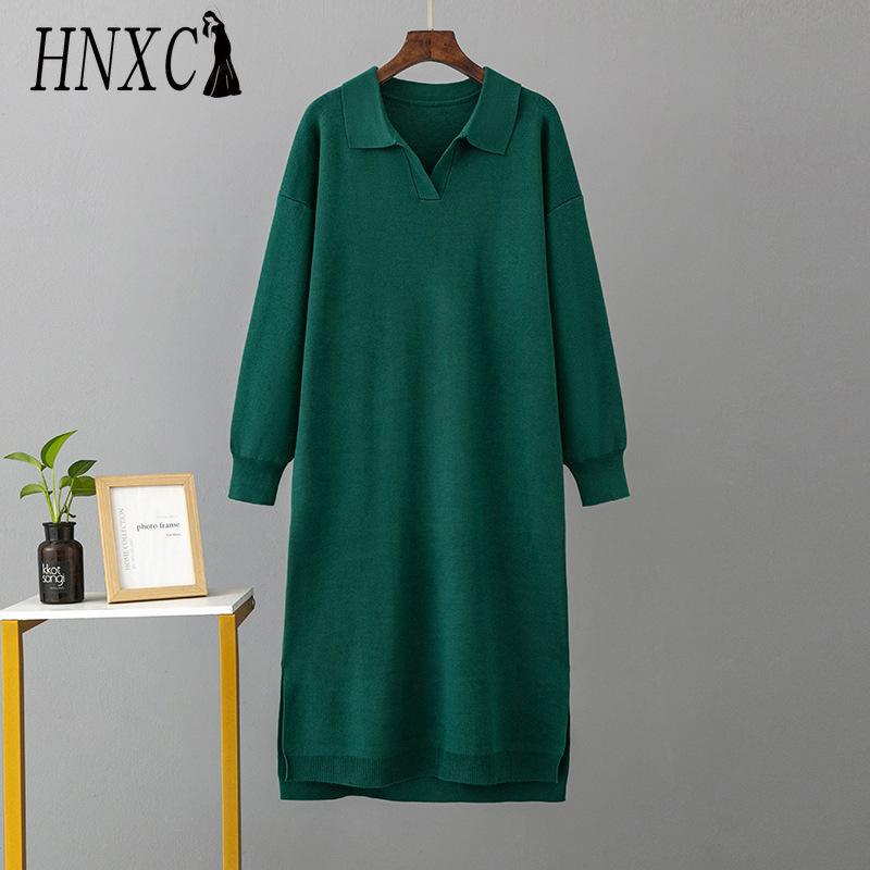 HNXC Rochii de toamnă-iarnă tricotate largi pentru femei, cu guler polo de culoare solidă, cu căptușeală