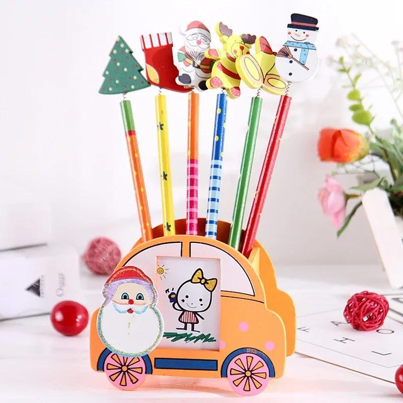 4 STÜCKE Kreative Schreibwaren Kinder Schulbedarf Niedlichen Cartoon Holz Weihnachten Gummihülse Bleistift Weihnachtsgeschenk